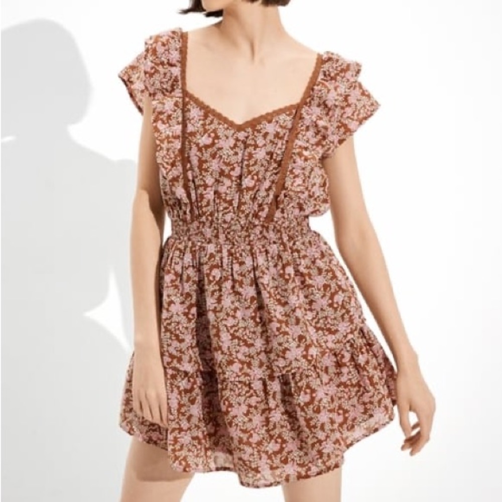American Eagle brown and pink floral tiered smocked waist mini dress